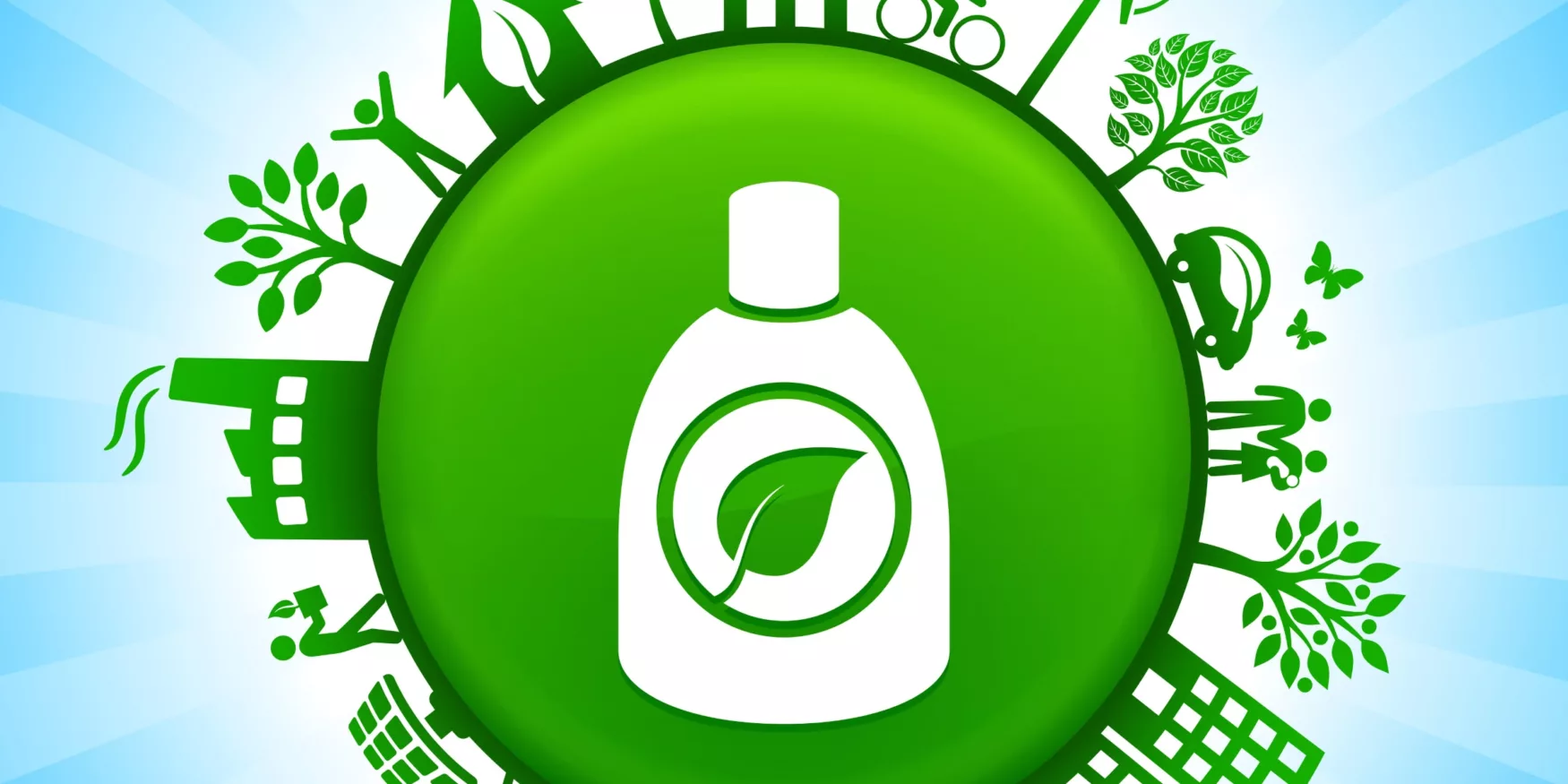 Emblème circulaire avec une bouteille, entourée d’icônes représentant des concepts écologiques et durables ; Circular emblem with a bottle, surrounded by icons representing ecological and sustainable concepts ; Kreisförmiges Emblem mit einer Flasche, umgeben von Icons, die für ökologische und nachhaltige Konzepte stehen