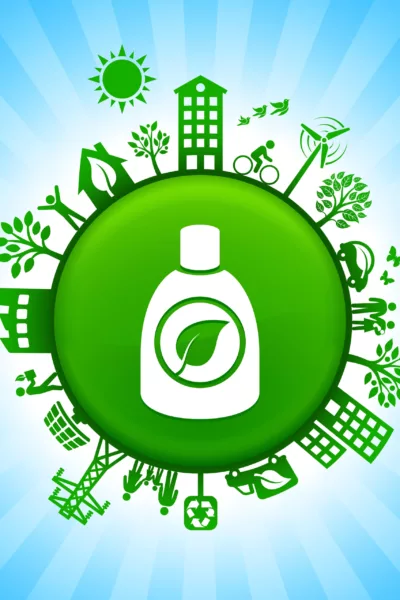 Emblème circulaire avec une bouteille, entourée d’icônes représentant des concepts écologiques et durables ; Circular emblem with a bottle, surrounded by icons representing ecological and sustainable concepts ; Kreisförmiges Emblem mit einer Flasche, umgeben von Icons, die für ökologische und nachhaltige Konzepte stehen