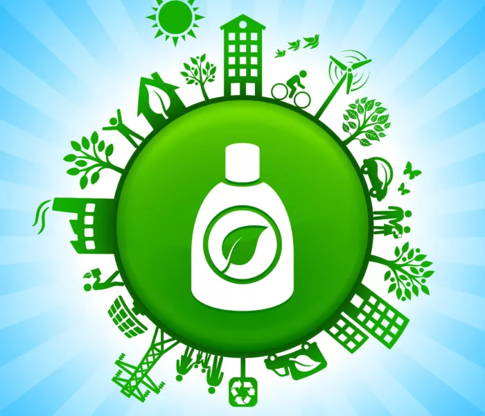 Emblème circulaire avec une bouteille, entourée d’icônes représentant des concepts écologiques et durables ; Circular emblem with a bottle, surrounded by icons representing ecological and sustainable concepts ; Kreisförmiges Emblem mit einer Flasche, umgeben von Icons, die für ökologische und nachhaltige Konzepte stehen